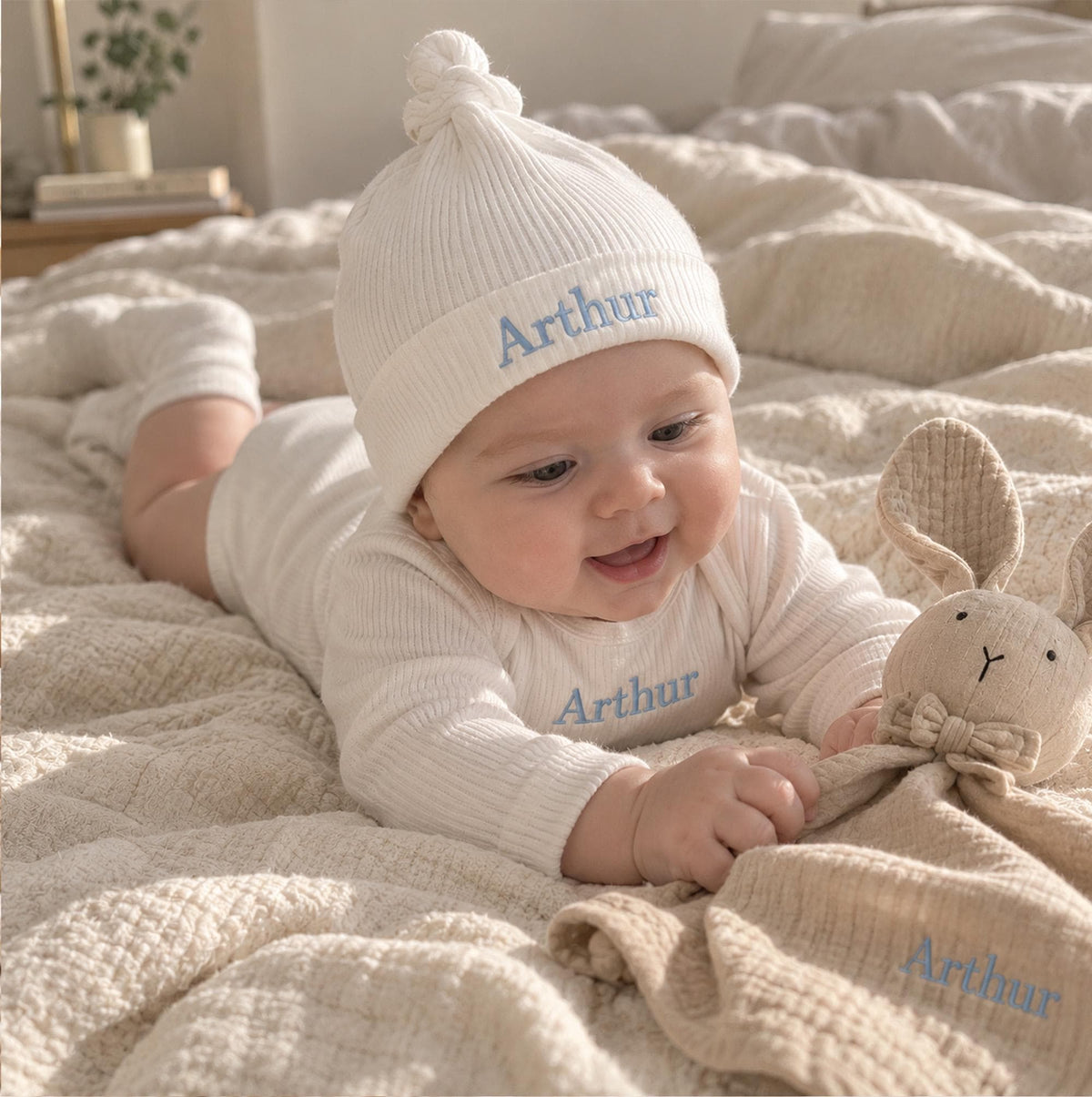 Personalized Organic Cotton Baby Gift Set, Ribbed Bodysuit, Hat, Booties, Bunny Lovey