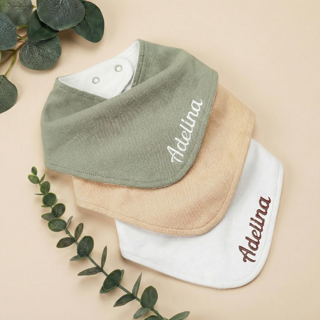 Organic Cotton Baby Bandana Bib, Personalized Name Embroidery, Neutral Drool Bib