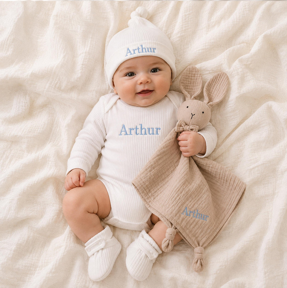 Personalized Organic Cotton Baby Gift Set, Ribbed Bodysuit, Hat, Booties, Bunny Lovey