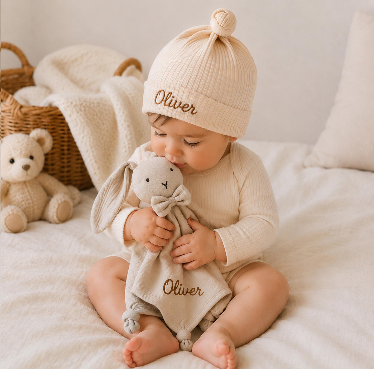 Embroidered Organic Cotton Bunny Lovey, Personalized Baby Gift, Bunny Toy