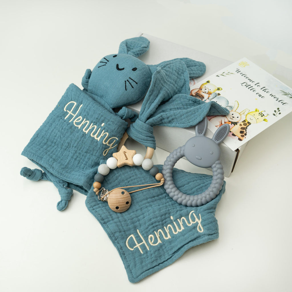 Personalized Bunny Lovey Set – Custom Baby Gift with Name Embroidery, Pacifier Clip & toy – Newborn Gift Set