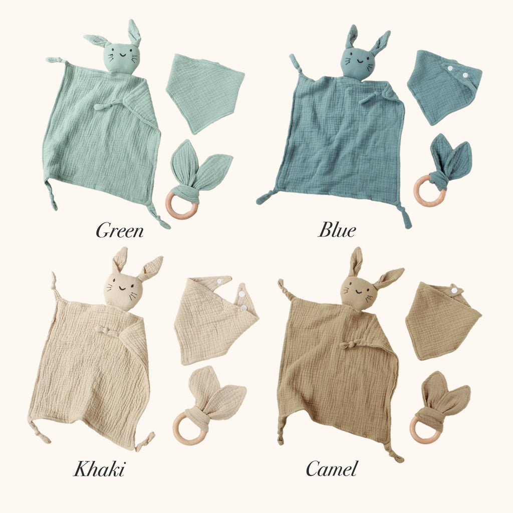Baby Bunny Soothing Towel Set: Muslin Comforter, Bib & Teether Ring