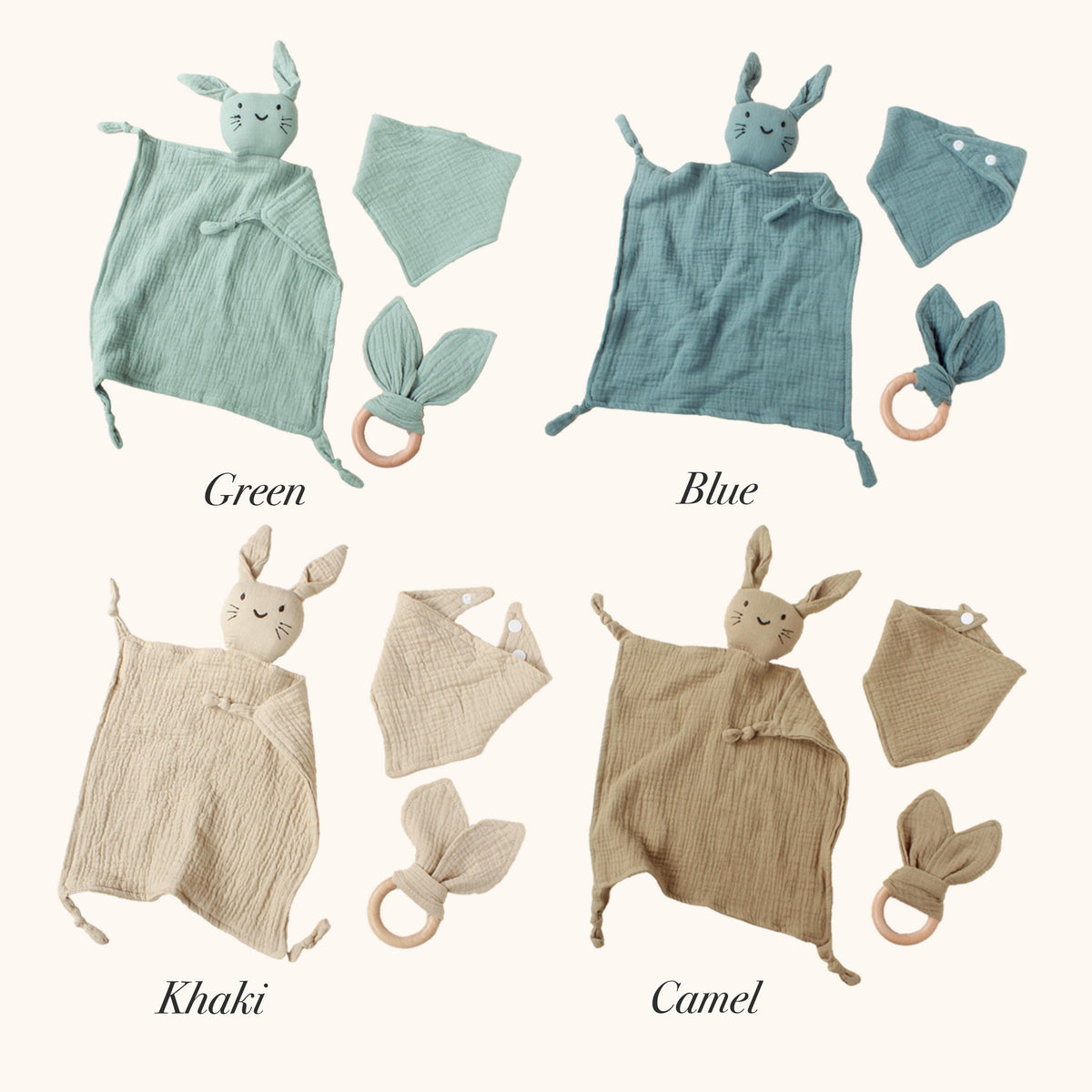 Baby Bunny Soothing Towel Set: Muslin Comforter, Bib & Teether Ring