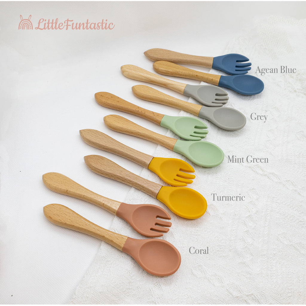 Personalized Silicone Baby Spoon and Fork Set, Wood Handle,baby shower gift