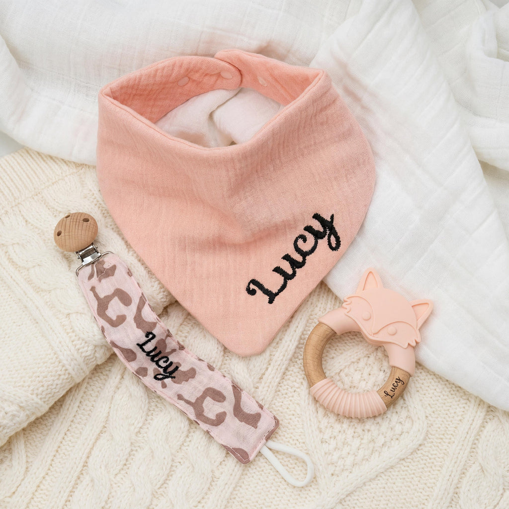 Personalized Baby Girl Gift Set, Embroidered Bib, Pacifier Clip & Engraved Wood Toy