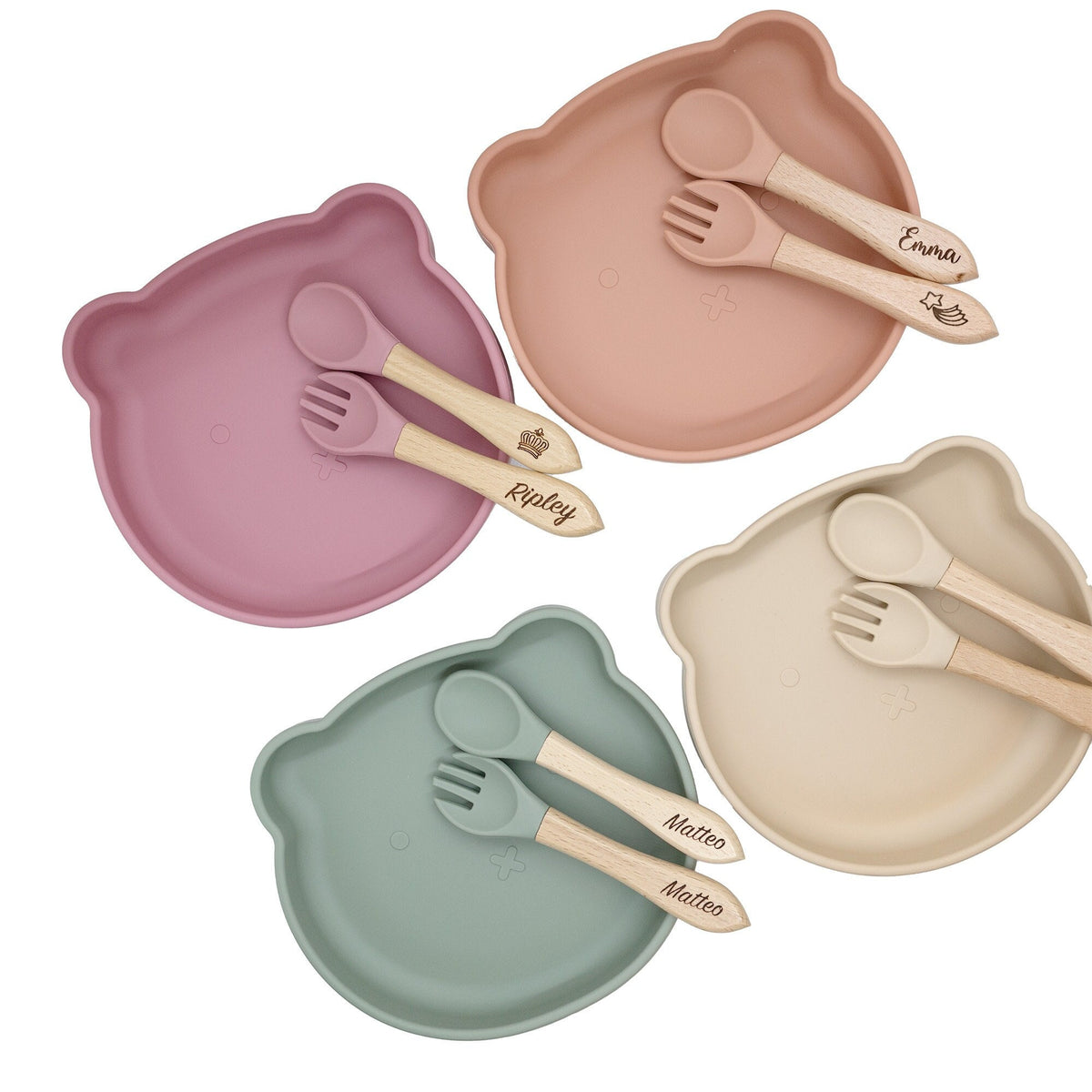 Personalized Bear Silicone Weaning Set | Engraved Wooden Spoon Fork Mealtime Tableware