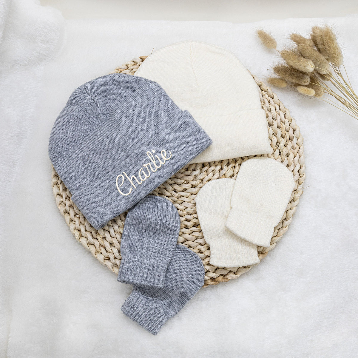Personalized Embroidery Baby Beanie Set | Baby Hat and Mittens with Name | Soft Non-Toxic Baby Gift for Under 1 Year Old