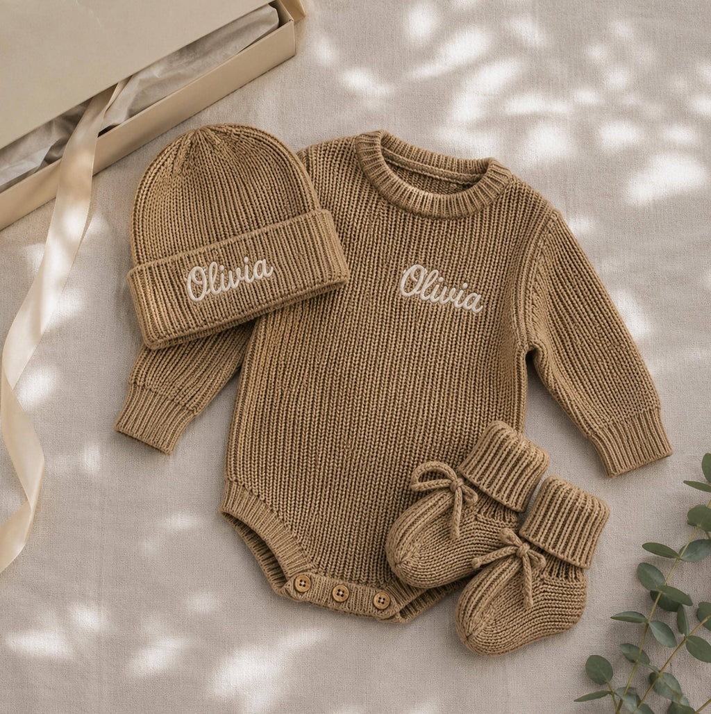 Personalized Baby Knit Romper, Embroidered Name Baby Outfit, Newborn Coming Home Outfit, Baby Shower Gift