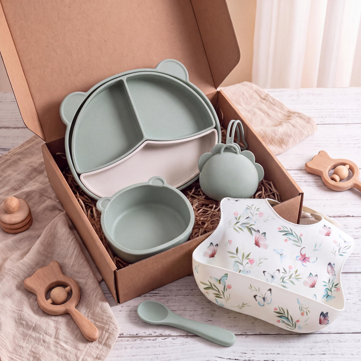 Personalized Silicone Baby Feeding Set, Bib, Plate, Bowl, Spoon, Snack Cup (Gift Box)