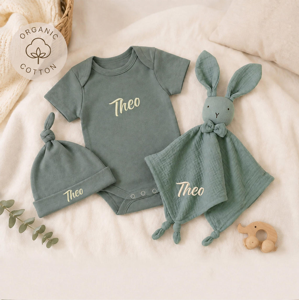 Personalized Organic Cotton Baby Gift Set, Embroidered Bodysuit, Hat, Bunny Lovey