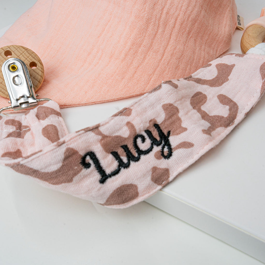 Personalized Baby Girl Gift Set, Embroidered Bib, Pacifier Clip & Engraved Wood Toy