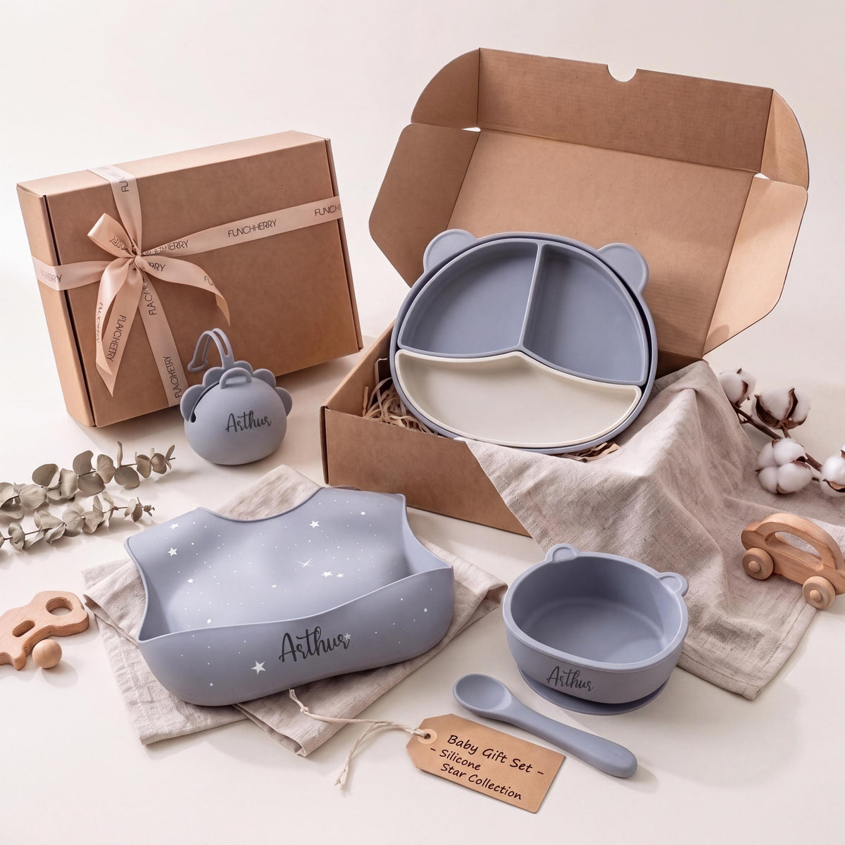 Personalized Silicone Baby Feeding Set, Bib, Plate, Bowl, Spoon, Snack Cup (Gift Box)