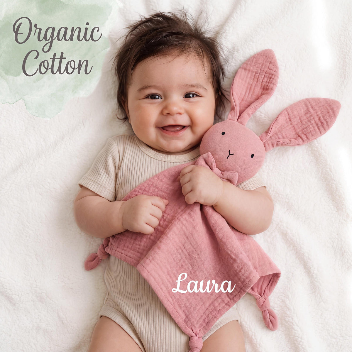 Personalized Organic Cotton Bunny Lovey, Custom Embroidered Baby Comforter