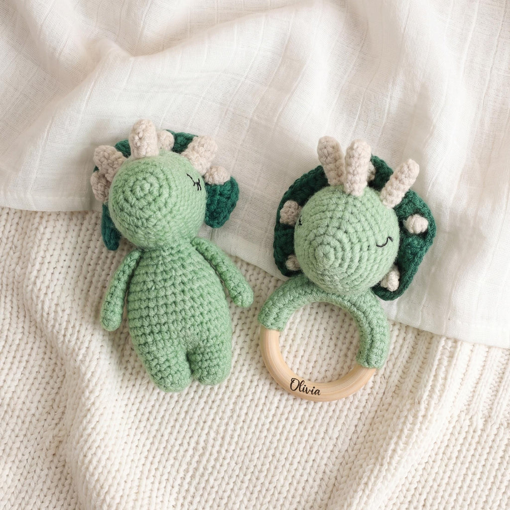 Personalized Crochet Baby Toy | Custom Name Plush or 2pcs Set | Handmade Animal Wooden Ring Toy | Baby Shower Gift