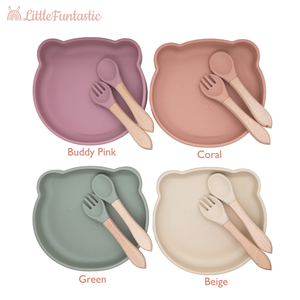 Personalized Bear Silicone Weaning Set | Engraved Wooden Spoon Fork Mealtime Tableware