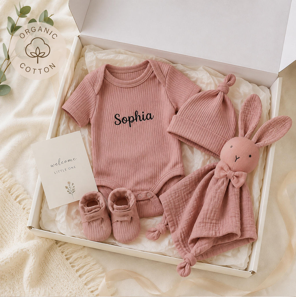 Personalized Organic Cotton Baby Gift Set, Embroidered Bodysuit, Hat, Lovey