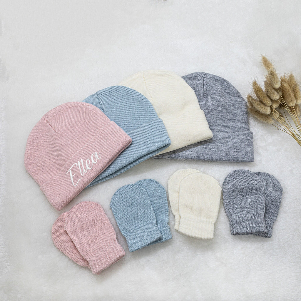 Personalized Embroidery Baby Beanie Set | Baby Hat and Mittens with Name | Soft Non-Toxic Baby Gift for Under 1 Year Old