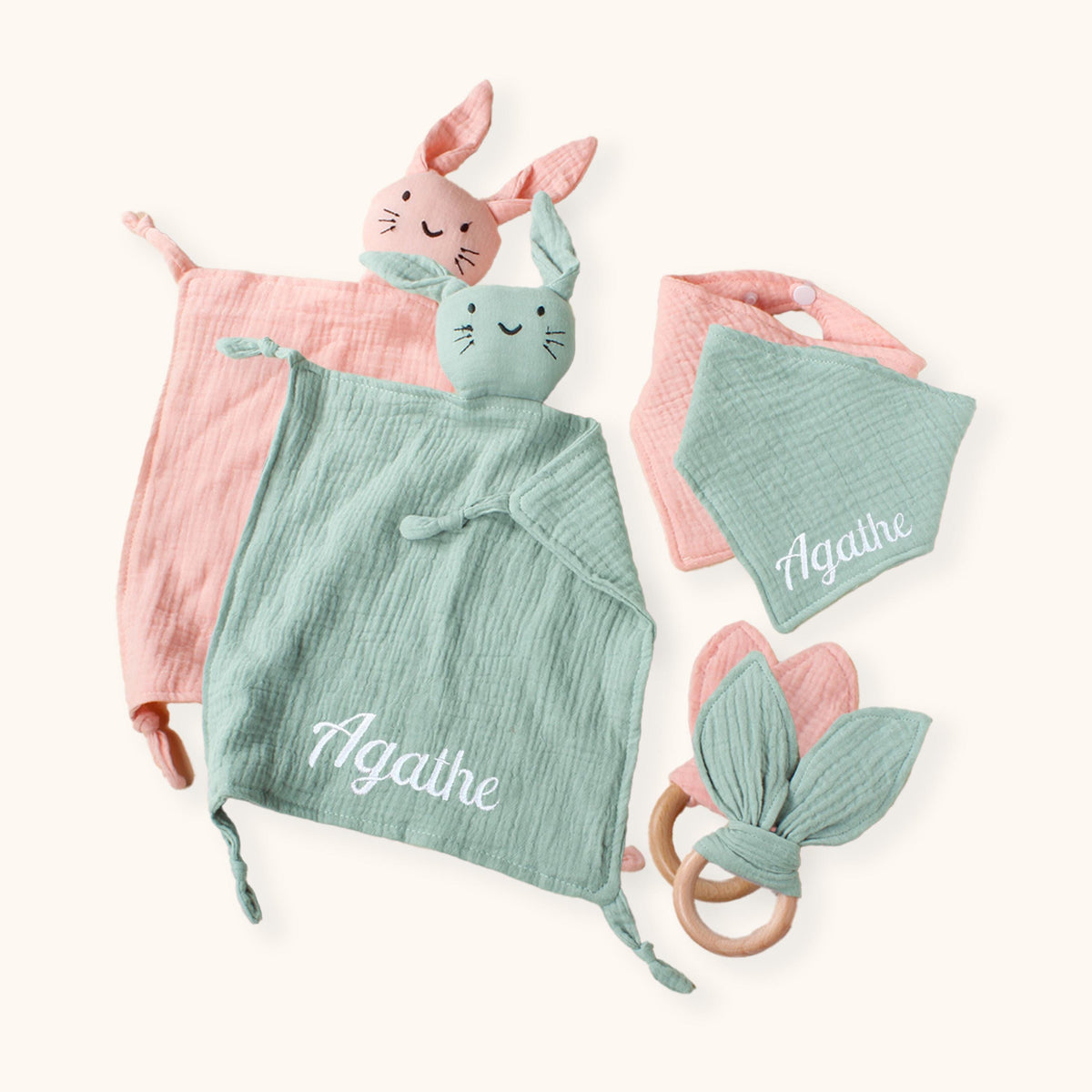 Baby Bunny Soothing Towel Set: Muslin Comforter, Bib & Teether Ring