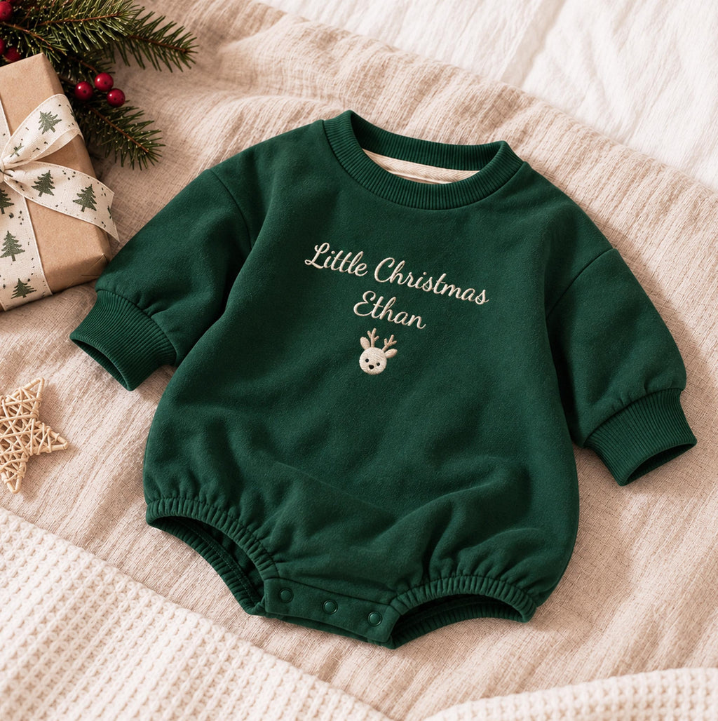Personalized Baby Christmas Romper, 100% Organic Cotton, Custom Name Embroidery (First Christmas Outfit), Baby first Christmas Gift